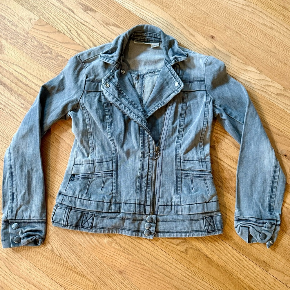 DKNY JEANS Vintage Distressed Denim Moto Jacket XS